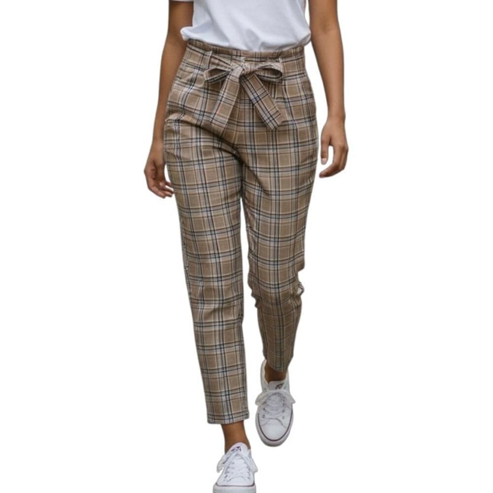 A New Day Womens Trouser Pants 2 High-Rise Brown Plaid Belted Tie Waist Straight - Picture 1 of 8